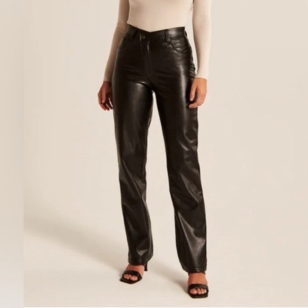 Abercrombie & Fitch Straight Leg High Rise Black Leather Pants